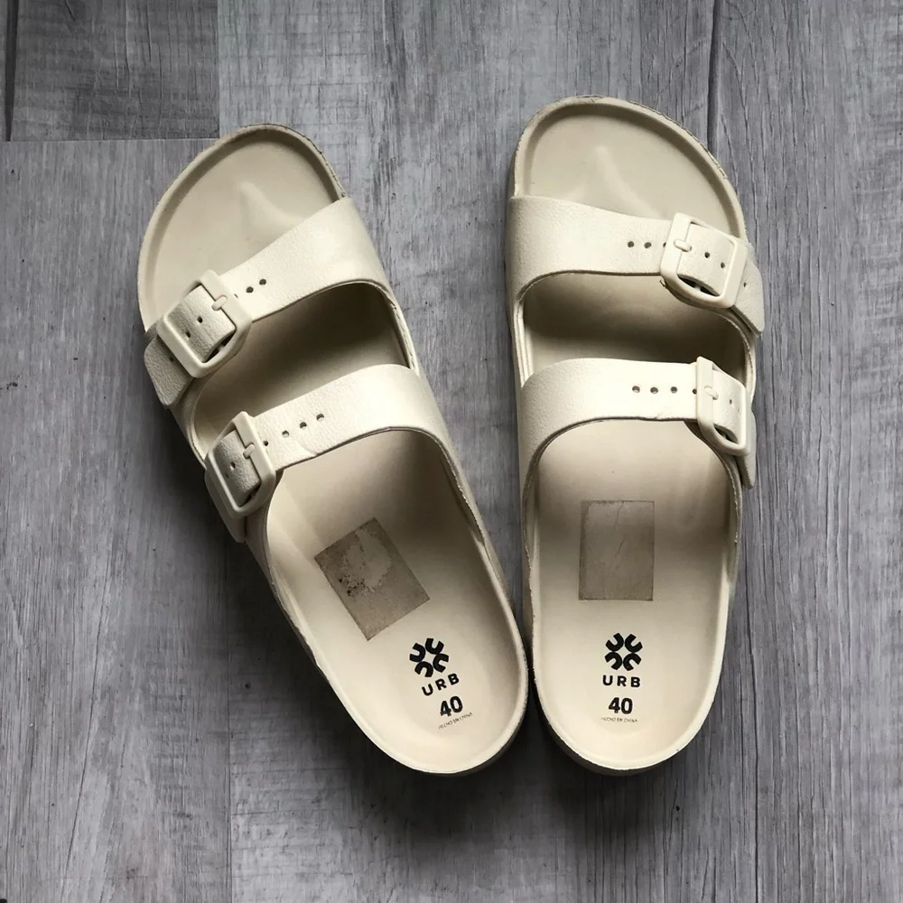 Women’s Cream Double-Buckle Slide Sandals